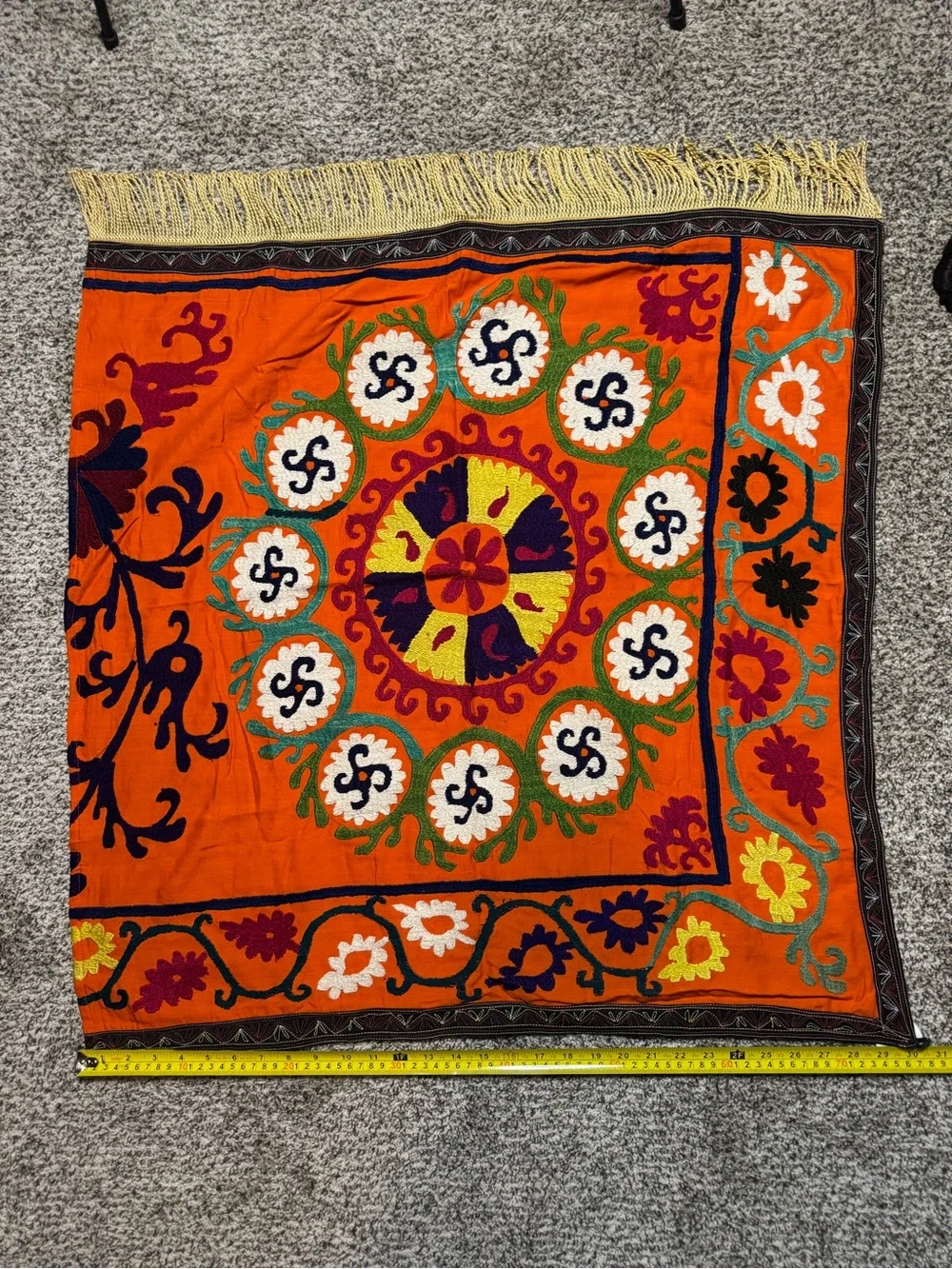 Set of 5 Vintage Uzbek Suzani Hand-Embroidered Panels - Orange Boho Wall Art